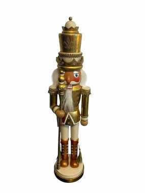 Pier One Gold and White Wooden King Nutcracker Christmas Holiday Decor 20"